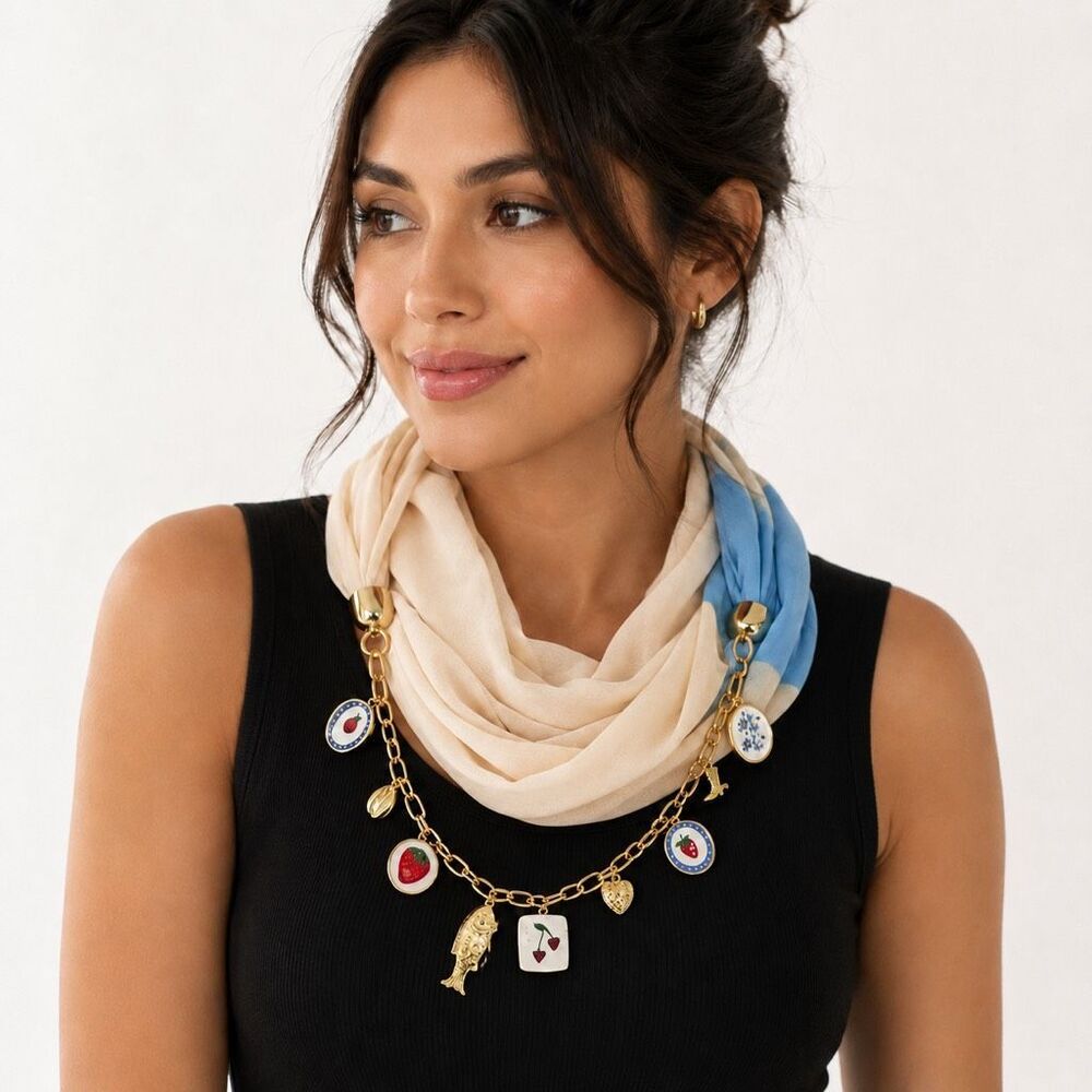 Sincerely Jules Blue Cream Infinity Charm Scarf Gold Chain Statement Accessory